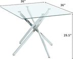36 inch Square Glass Dining Table, Modern Dining Table for 4, Square Kitchen Table with Tempered Glass Top & Silver Chrome Metal Legs for Dining Room, Living Room, Apartment, Small Space