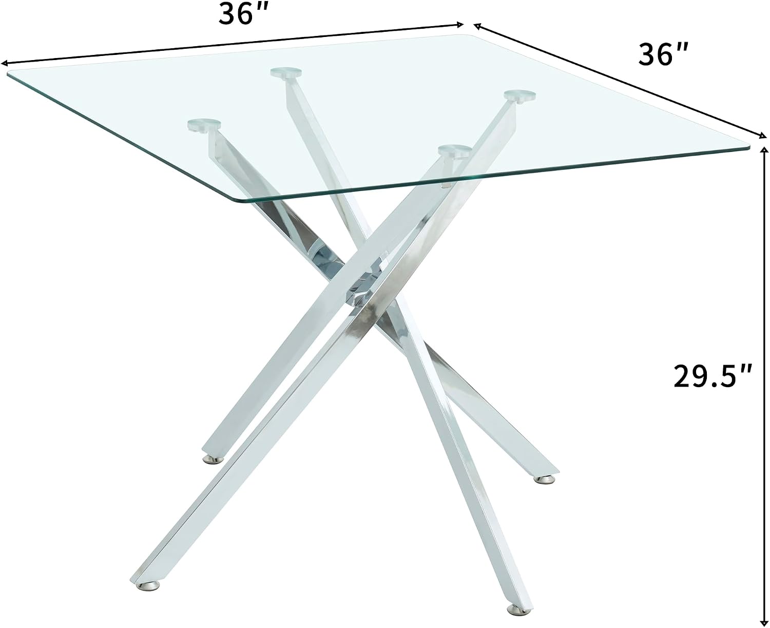 36 inch Square Glass Dining Table, Modern Dining Table for 4, Square Kitchen Table with Tempered Glass Top & Silver Chrome Metal Legs for Dining Room, Living Room, Apartment, Small Space