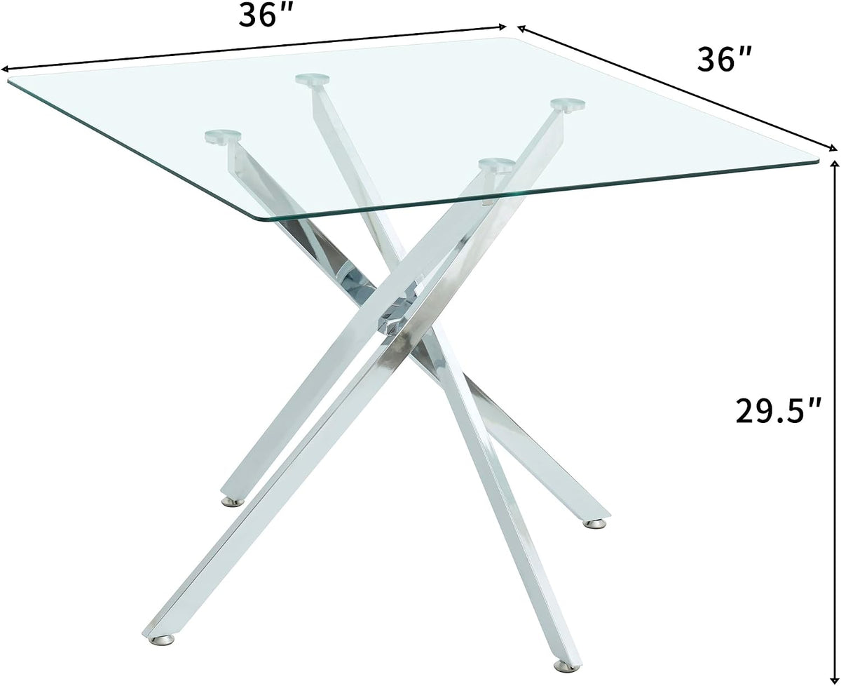Glass Dining Table,36'' Square Dining Kitchen Table,Modern X-Design Dining Room Table with Silver Metal Base for Dining Room