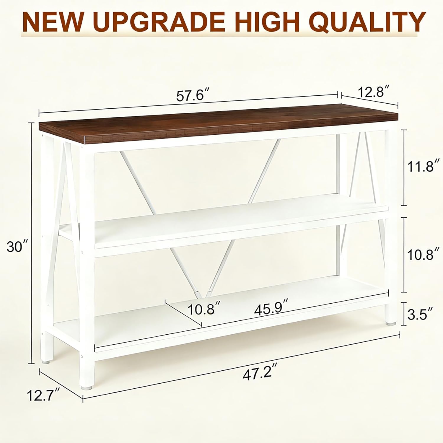 HOMISSUE Entryway Console Table, Rustic Console Tables with Wide Storage, Industrial Foyer for Entry with 3-Tier Open Shelves, White, 47 Inch