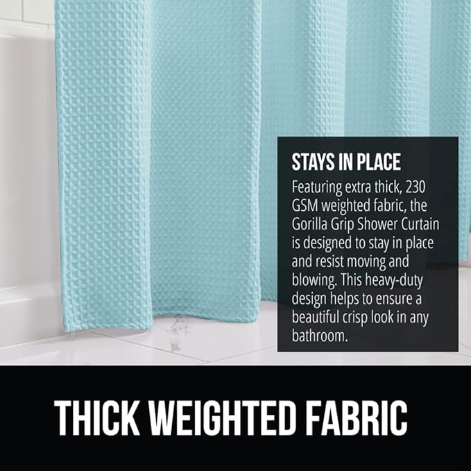 GORILLA GRIP Waffle Shower Curtain, Thick Weighted Fabric, Wrinkle and Rust Resistant, Classic Hotel Quality Design, Heavy Duty Long Curtains for Bathroom Showers Bath Tubs Machine Wash 72x72 Spa Blue