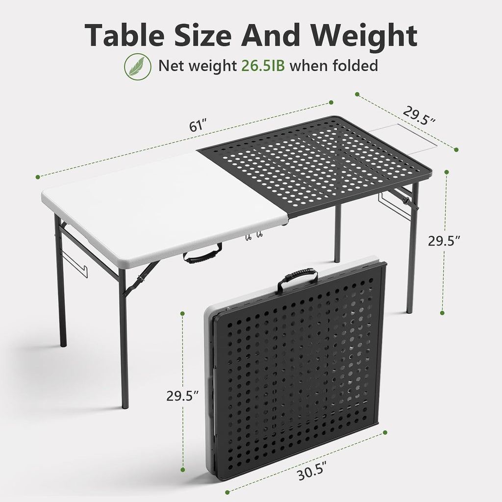 Folding Table, 5ft Folding Grill Table, Portable Camping Table for Cooking & BBQ Prep, 2-in-1 Metal&Solid Surface Foldable Grill Station for Party Cooking, Backyard, Patio Use,(Black and White)
