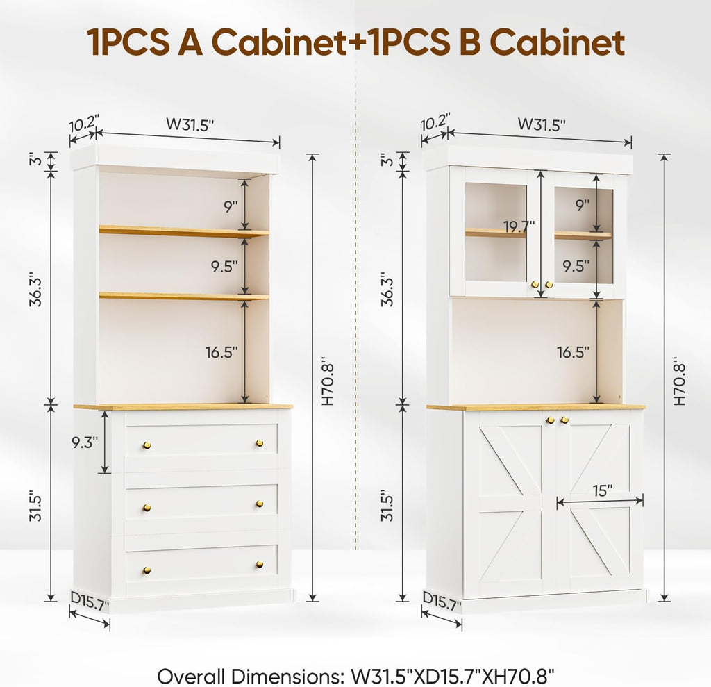 71" White Farmhouse Kitchen Pantry Cabinet Set of 3— Freestanding Coffee Bar with Glass Doors or Drawers, Microwave Stand, Large Storage Hutch with Adjustable Shelves for Kitchen, Living Room