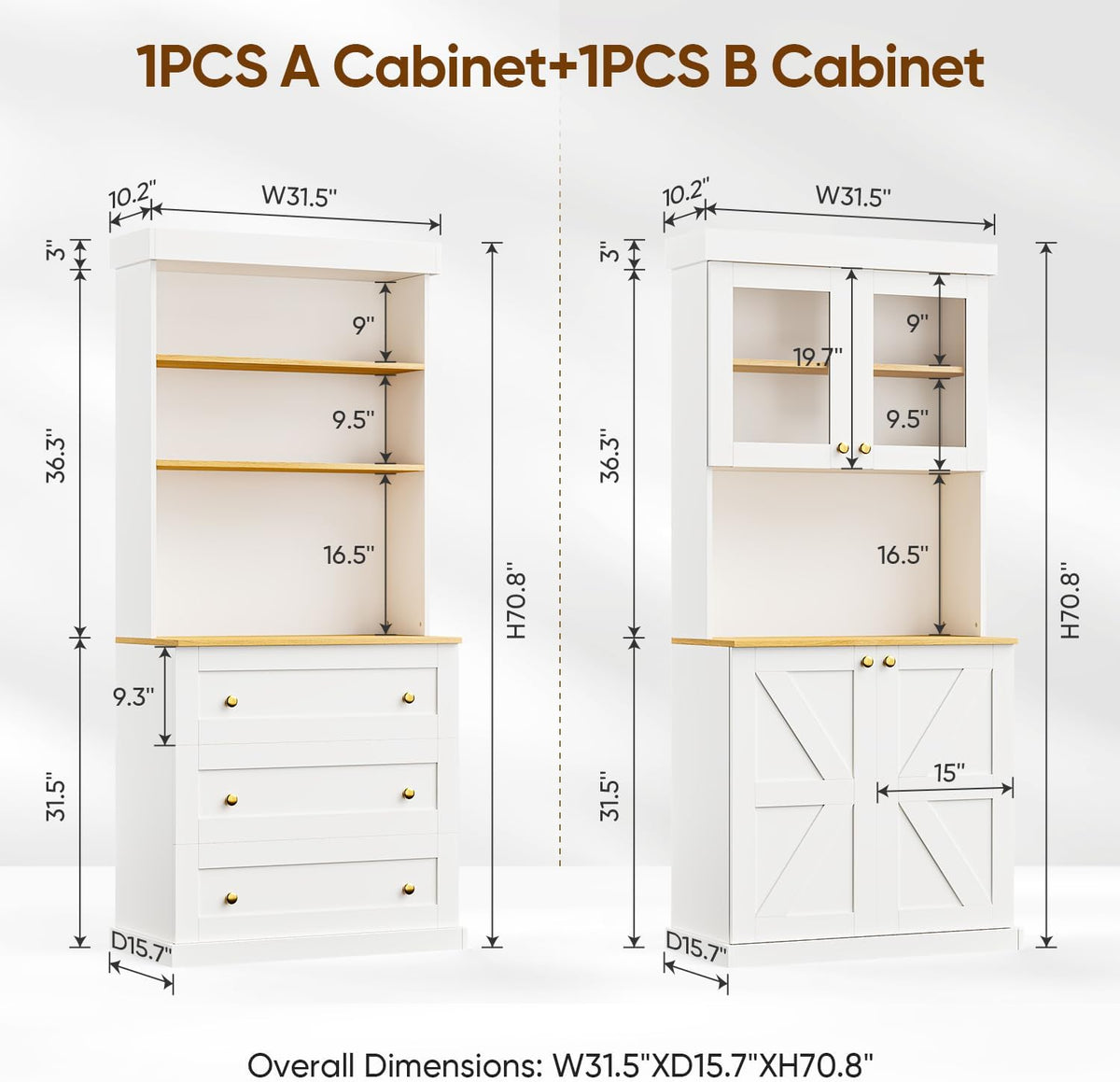 71" White Farmhouse Kitchen Pantry Cabinet Set of 3— Freestanding Coffee Bar with Glass Doors or Drawers, Microwave Stand, Large Storage Hutch with Adjustable Shelves for Kitchen, Living Room