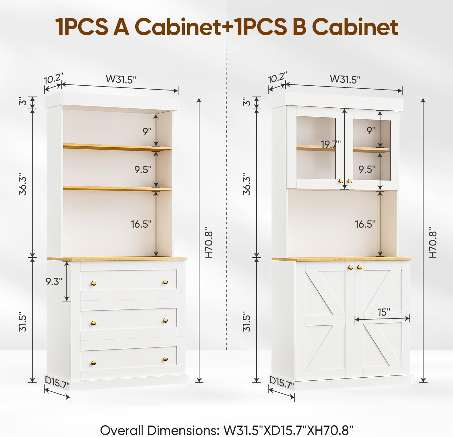 71" White Farmhouse Kitchen Pantry Cabinet Set of 4— Freestanding Coffee Bar with Glass Doors or Drawers, Microwave Stand, Large Storage Hutch with Adjustable Shelves for Kitchen, Living Room