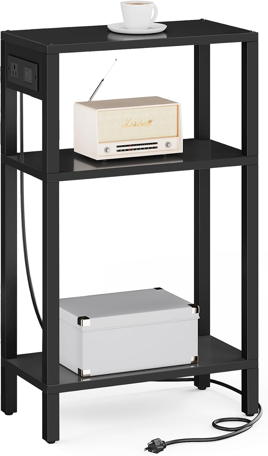 TUTOTAK Narrow Side Table, 3-Tier Small End Table with Charging Station | Skinny Sofa Table, Slim Nightstand, Easy Assembly for Living Room, Bedroom, Black TB01BK079