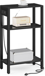 TUTOTAK Narrow Side Table, 3-Tier Small End Table with Charging Station | Skinny Sofa Table, Slim Nightstand, Easy Assembly for Living Room, Bedroom, Black TB01BK079