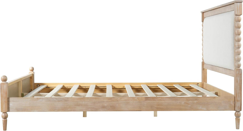 Merax Queen Size Solid Wood Platform Bed Frame, Upholstered Headboard & Classic Spindle & with Fabric Panel, No Box Spring Needed, 500 lbs Capacity Timeless Traditional for Bedroom, Natural