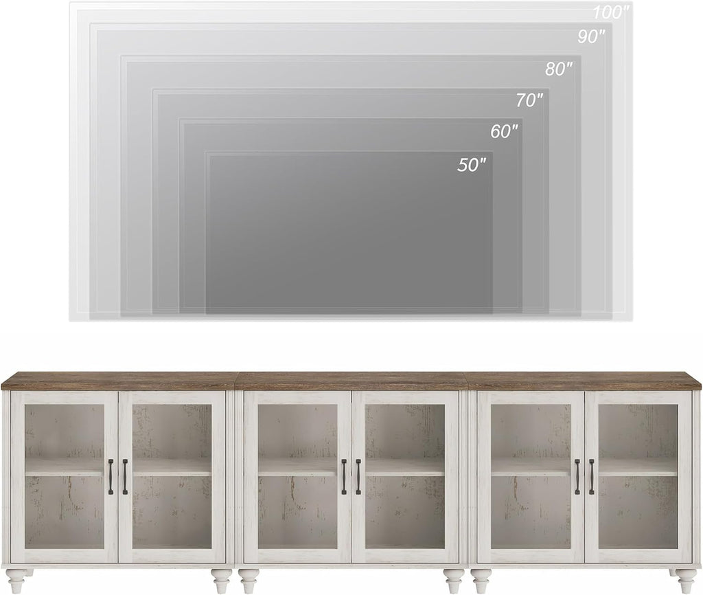 WAMAPT 101" Farmhouse Sideboard Credenza with 6 Glass Doors, Large Coffee Bar Table with Adjustable Shelf, Wood Kitchen Storage Cabinets, Modern Buffet Cabinet for Dining Room, Rustic White