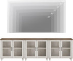 WAMAPT 101" Farmhouse Sideboard Credenza with 6 Glass Doors, Large Coffee Bar Table with Adjustable Shelf, Wood Kitchen Storage Cabinets, Modern Buffet Cabinet for Dining Room, Rustic White