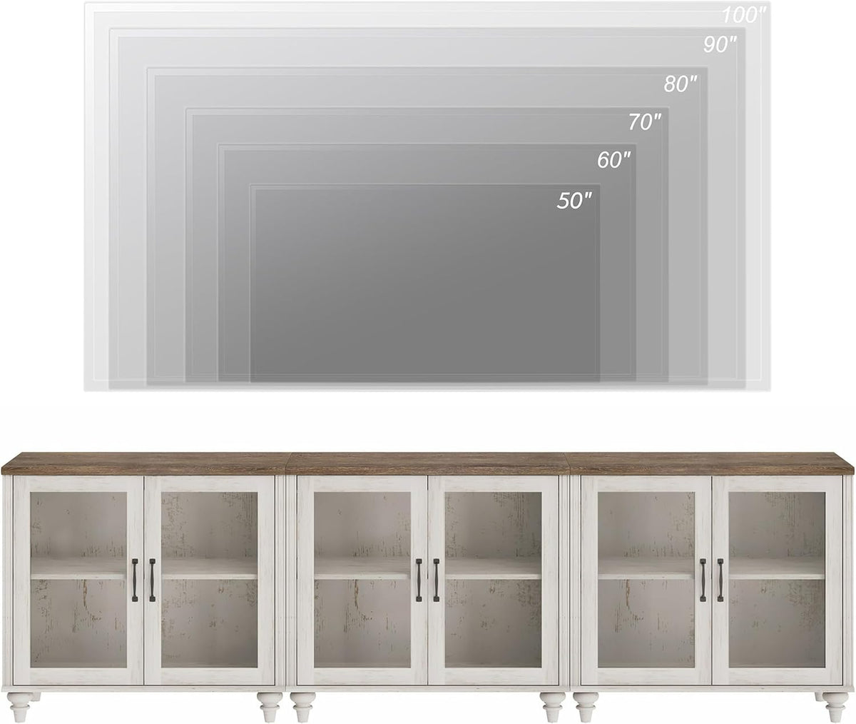 WAMAPT 101" Farmhouse Sideboard Credenza with 6 Glass Doors, Large Coffee Bar Table with Adjustable Shelf, Wood Kitchen Storage Cabinets, Modern Buffet Cabinet for Dining Room, Rustic White