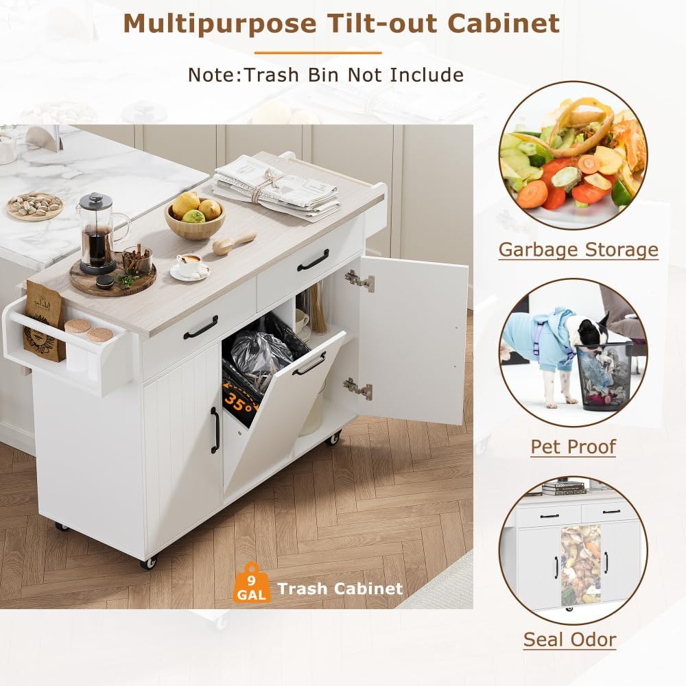 ZOEDO K&K Kitchen Island with Trash Can Storage Cabinet, Kitchen Cart with Drop Leaf, Spice Rack, Towel Rack and Drawer, Rolling Kitchen Island on Wheels with Adjustable Shelf, White