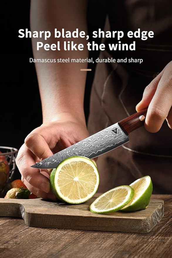 4.7" Paring Knife Damascus Steel Fruit Knives - 67-Layer Forged Kitchen Peeling Knife with Natural Solid Wood Handle Kitchen Utility Knives, 15° Double-Edged Blade, Ultra-Sharp & Durable