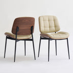GrandNoor Mid Century Modern Dining Chairs with Walnut Grain Back, Beige Faux Leather Dining Room Chairs Set of 4, Checkered Soft Cushion Kitchen Chairs with Adjustable Foot Pads
