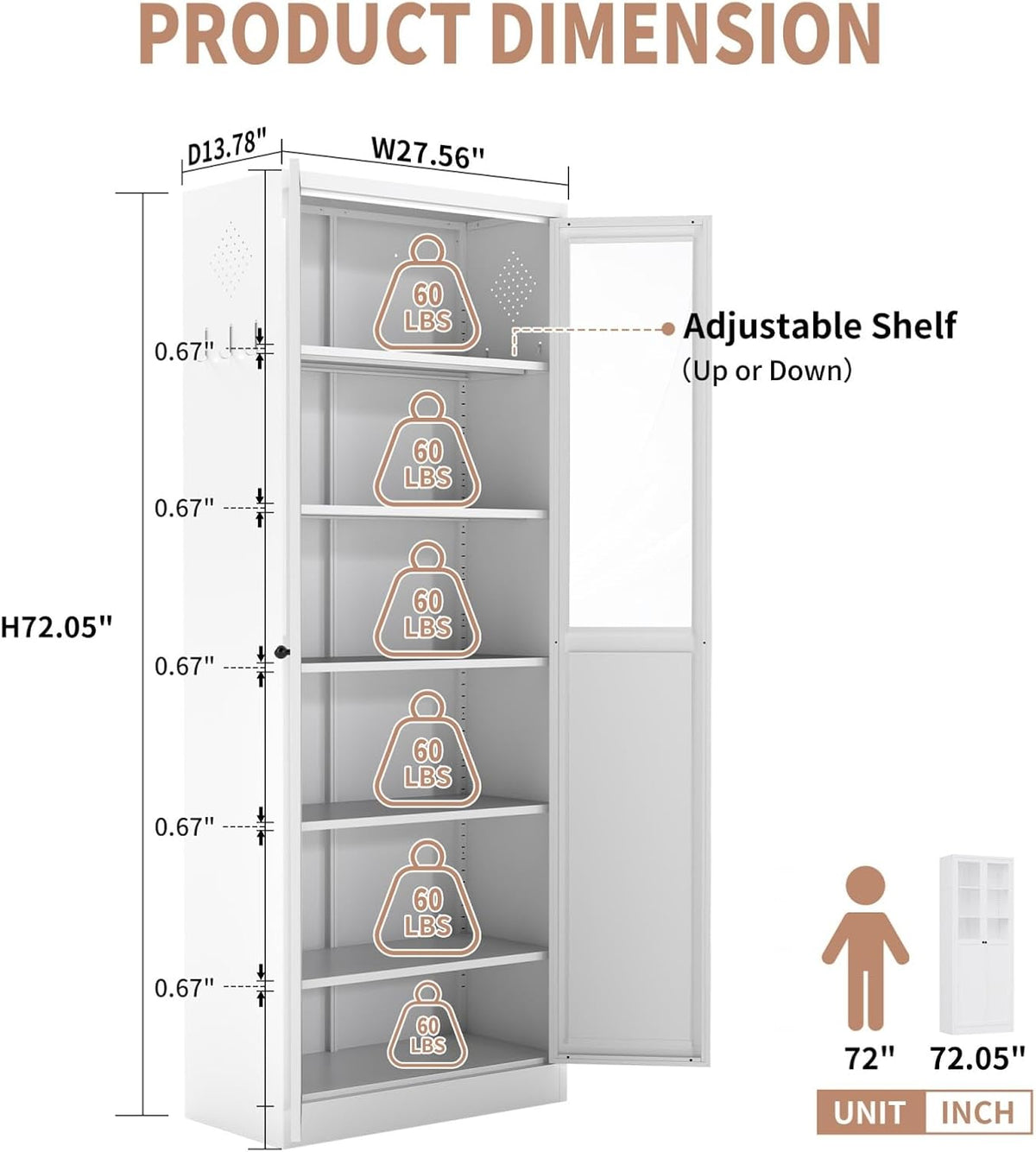 34.6" White Metal Pantry Cabinet with Adjustable Shelves, Freestanding Kitchen Storage Cabinet with Magnetic Doors, for Small Kitchen Dining Room Apartment, 27.6x13.8x34.6 Inches