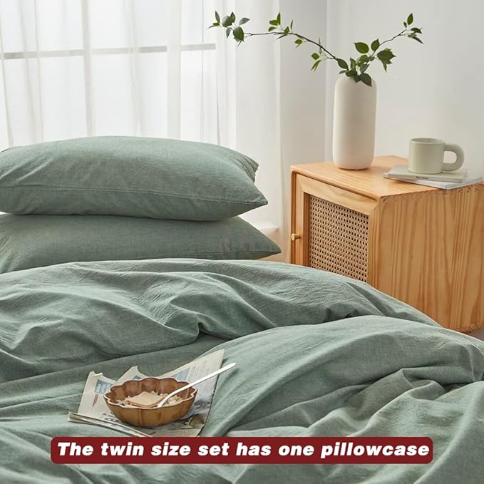 FACE TWO FACE Bedding Duvet Cover Set100% Washed Cotton Duvet Cover Linen Like Textured Breathable Durable Soft Comfy (Twin, Reversible Green)