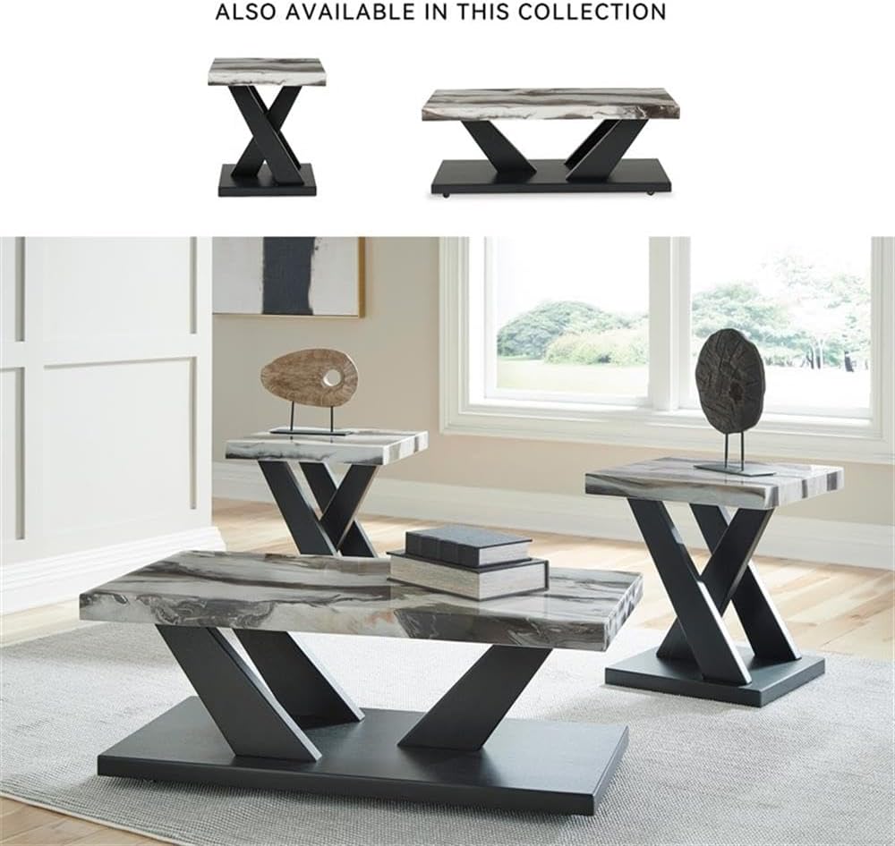 BOWERY HILL Coffee Table Set, 3-Piece, Faux White Marble Tops, Black Wood Frames, Built-in Casters, Includes 1 Coffee Table and 2 End Tables, Contemporary Living Room Furniture Set