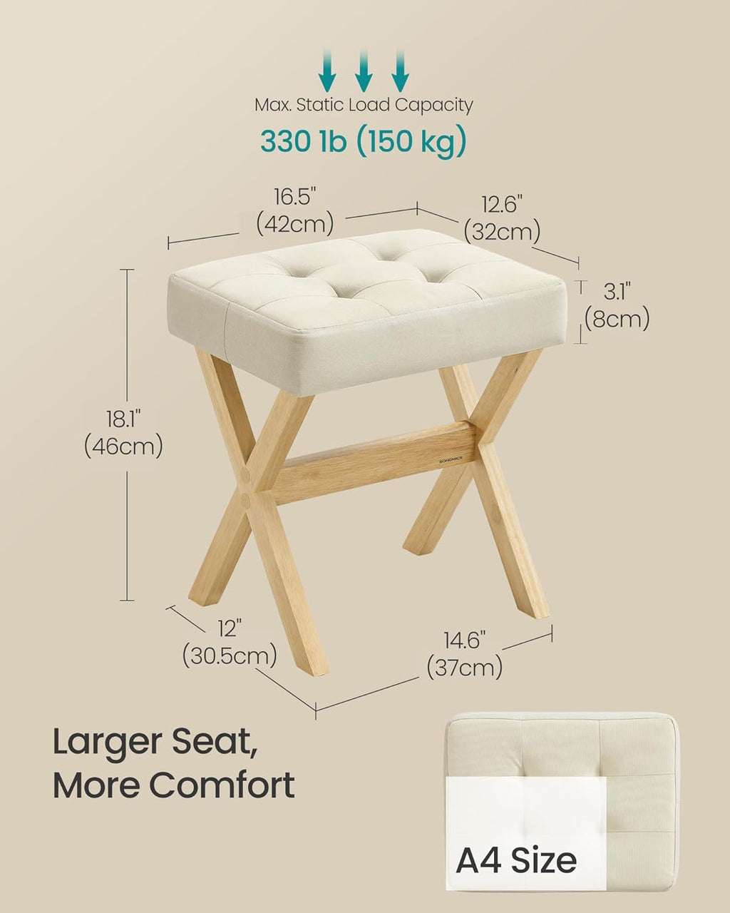 SONGMICS Makeup Stool, Padded Vanity Foot Rest, Solid Wood X Legs | 16.5 x 12.6 x 18.1 Inches, for Bedroom, Closet, Entryway, Summer Sand, MARY Collection ULSF006LF02