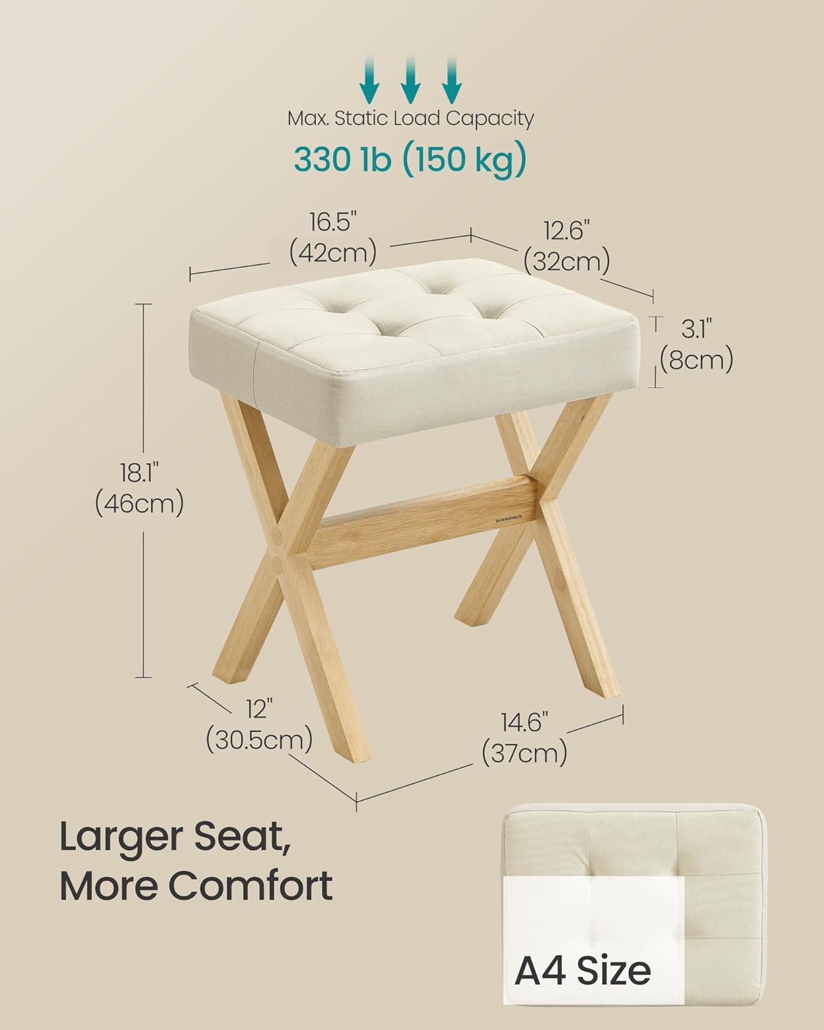 SONGMICS Makeup Stool, Padded Vanity Foot Rest, Solid Wood X Legs | 16.5 x 12.6 x 18.1 Inches, for Bedroom, Closet, Entryway, Summer Sand, MARY Collection ULSF006LF02