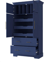 72.6" Farmhouse Kitchen Pantry Cabinet with 3 Pull-Out Trays, Freestanding Large Wooden Kitchen Organizers Storage Cabinet with 2 Drawers and Cake Pan Storage for Dinging Room, Dark Blue