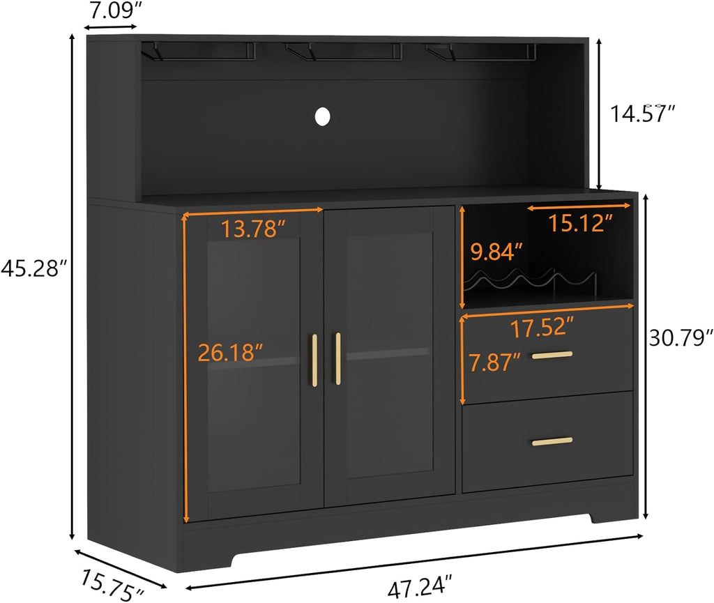 Bar Cabinet for Home with LED Light,Coffee Bar Cabinet w/ Wine & Glass Rack | Wine Cabinets with Drawers & Microwave Stand, Modern Liquor Cabinets for Kitchen, Living Room, Dining Room (Black)