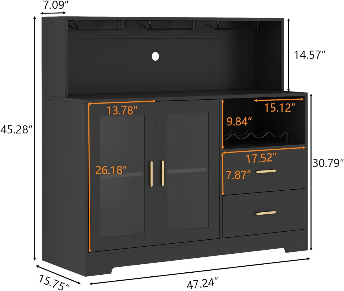 Bar Cabinet for Home with LED Light,Coffee Bar Cabinet w/ Wine & Glass Rack | Wine Cabinets with Drawers & Microwave Stand, Modern Liquor Cabinets for Kitchen, Living Room, Dining Room (Black)