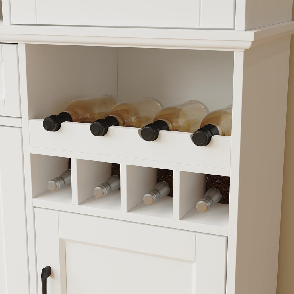Timechee 78.7" Kitchen Pantry Storage Cabinet, Cupboard with Drawers and Wine Rack,Tall Food Pantry Cabinets with Tempered Glass Doors & Adjustable Shelves,Hutch Cabinet with Storage for Kithen,White