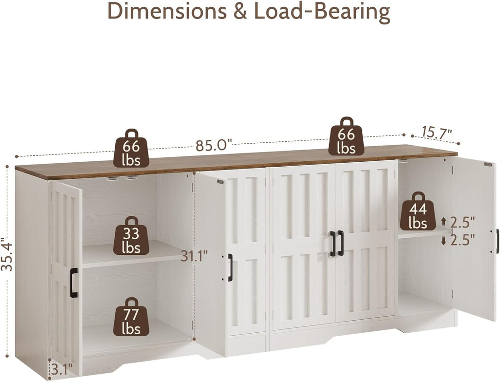Modern Farmhouse Buffet Cabinet with Storage, 85" Large Sideboard Storage Cabinet with 6 Barn Doors, Coffee Liquor Bar Cabinet Wood Table Credenza with Adjustable Shelf for Kitchen Dining Living Room