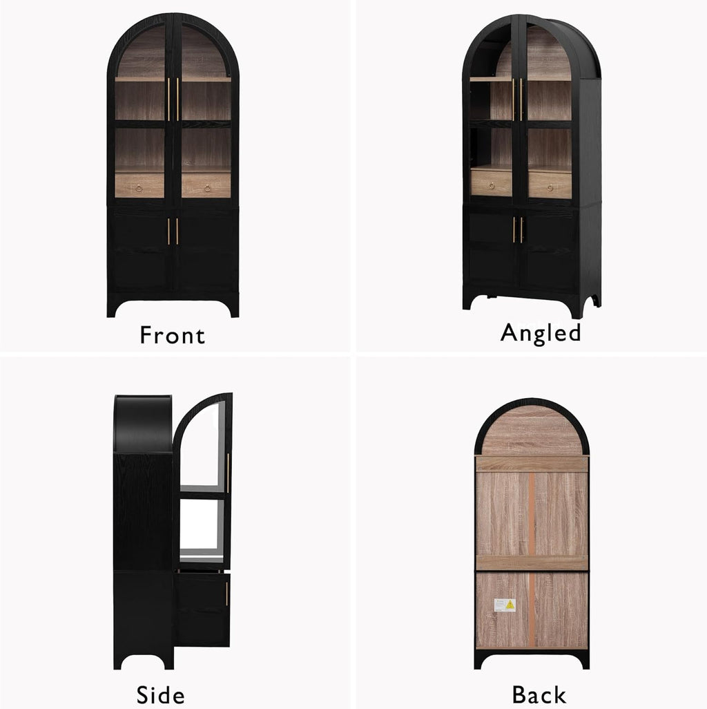 GDFStudio Mariah 71" Tall Arched Kitchen Pantry Cabinet with Hidden Drawer, Glass Door & Adjustable Shelves, Farmhouse Storage Cabinet Cupboard for Kitchen Dining Room, Home Pantry Storage, Black