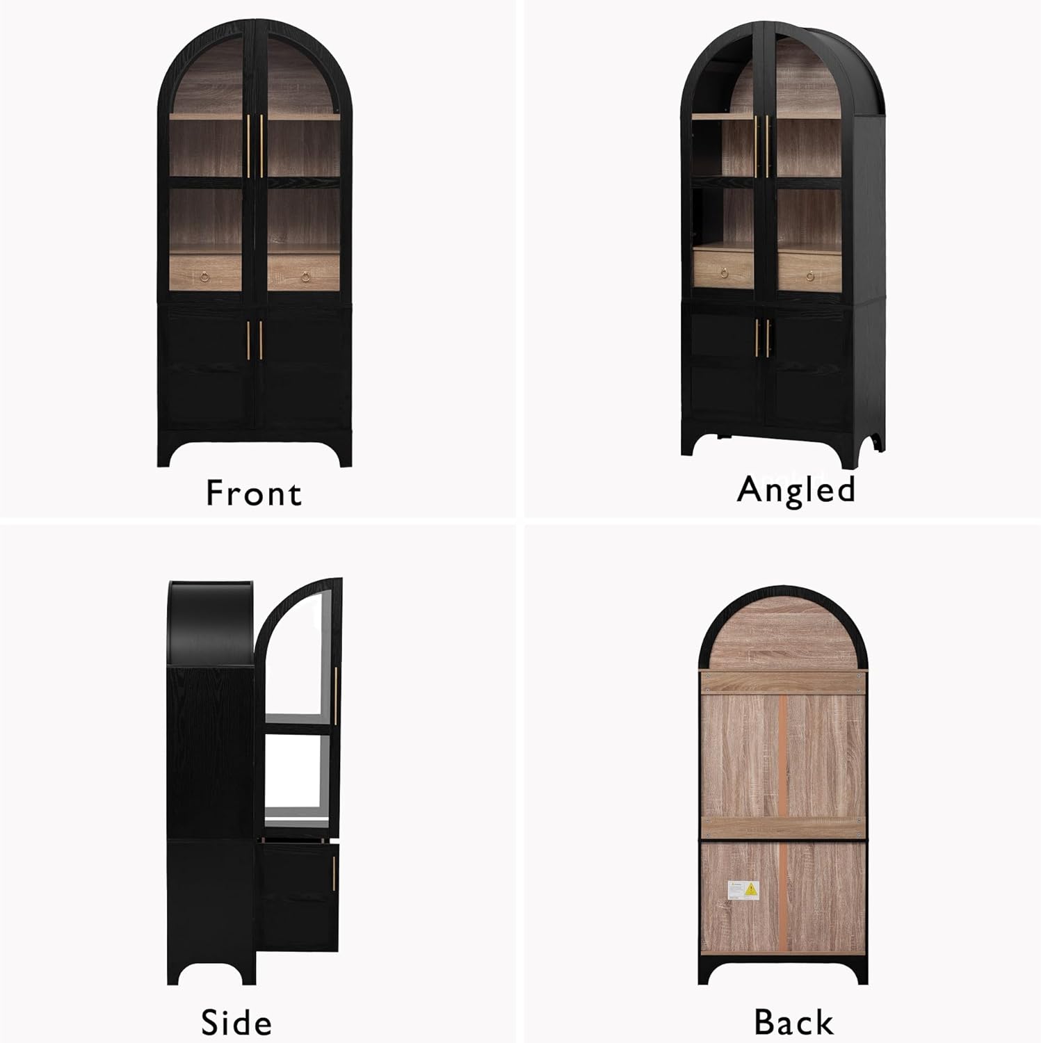 71'' Tall Arched Cabinet with Glass Doors, Farmhouse Kitchen Pantry Cabinet with Storage, China Cabinets with Adjustable Shelves, Hidden Drawer, Cupboard for Dining Room, Living Room (Black)