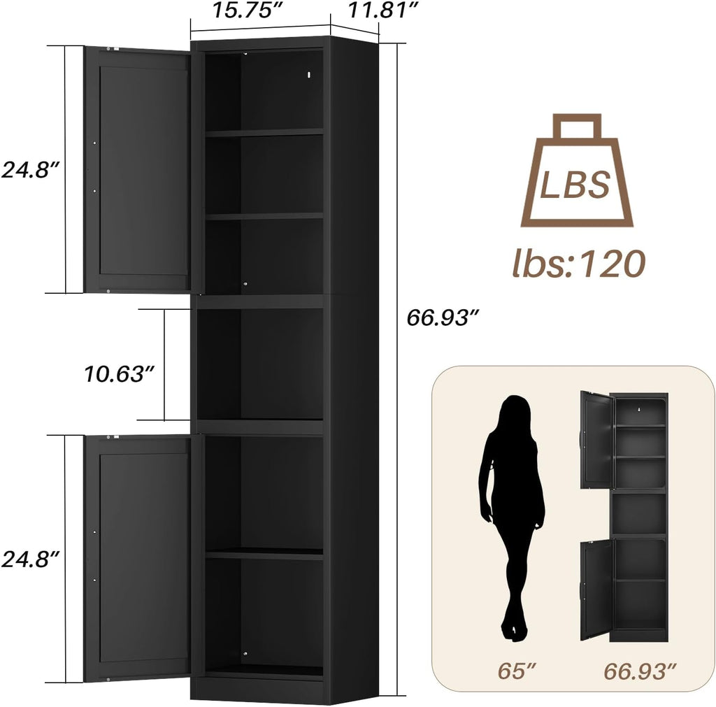 67" Tall Narrow Bathroom Storage Cabinet, Slim Metal Cabinet with Doors and Adjustable Shelves, Freestanding Pantry Organizer for Small Spaces, Bathroom, Kitchen, Laundry Room, Living Room, Black