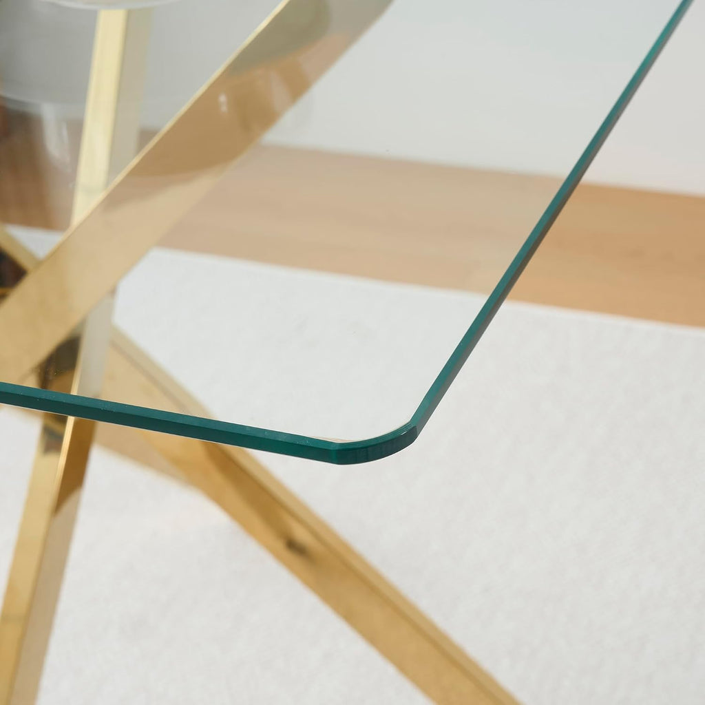 Modern Dining Table for 4 People, 36" Square Dining Table with Gold Chrome Metal X-Base, Square Tempered Glass Dining Room Table, Small Kitchen Dining Room Tables Dinner Tables