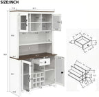 SOFTSEA Kitchen Pantry Cabinet with Built-in Power & USB Outlets, Kitchen Storage Cupboard with Doors, Wine Rack and Shelves, Rustic Buffet Cabinet with LED Light, 47.1x11.8x70.9 Inch, White