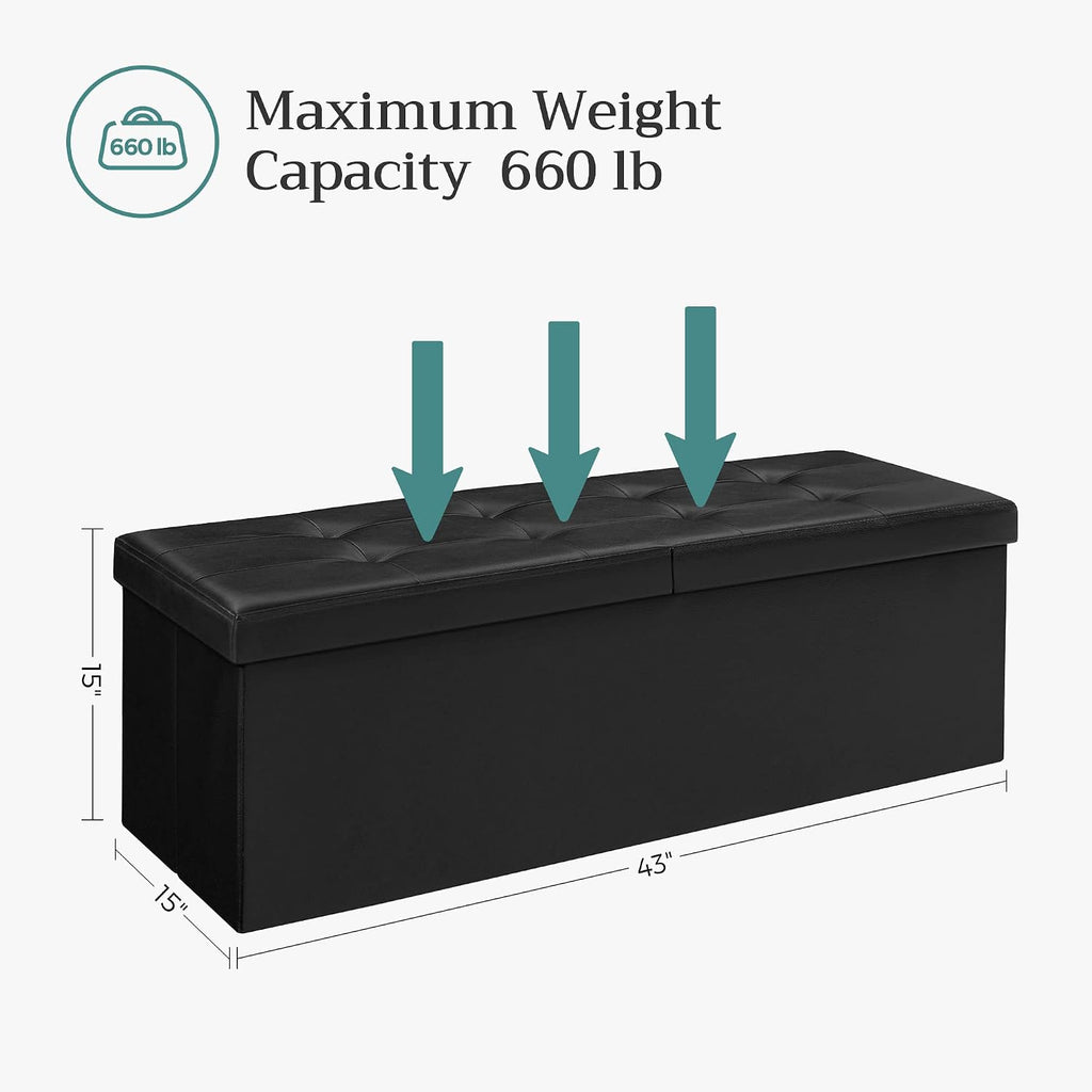 SONGMICS 43.3 Inches Folding Storage Ottoman Bench with Flipping Lid | Storage Chest Footrest Padded Seat, Iron Frame Support, Ink Black, MINOTA Collection ULSF75BK