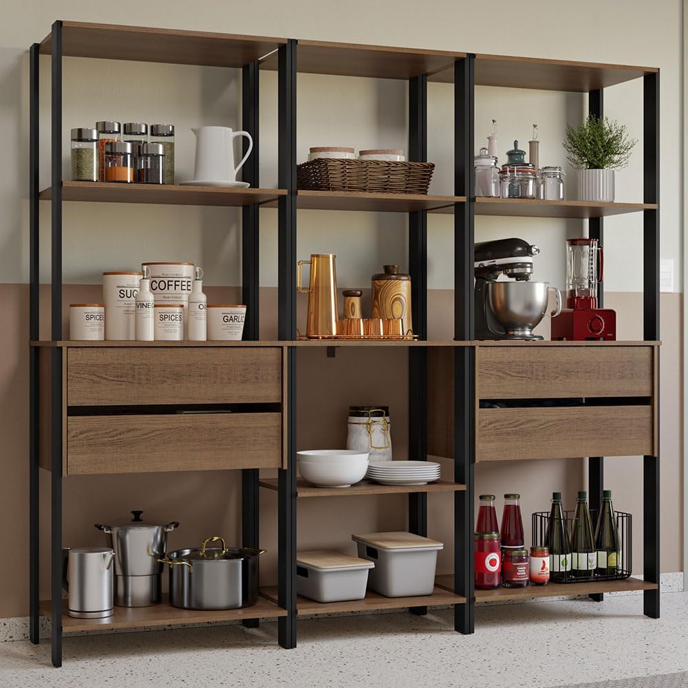 Madesa Kitchen Pantry Storage Rack with 4 Drawers and Open Shelves 78" L Multiuse Modular Cabinet for Kitchen Organization - Black/Brown