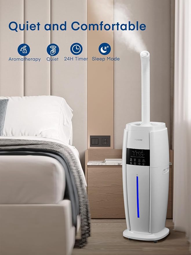 FOHERE 4.8Gal/18L Humidifier Large Room, Easy Top Fill Cool Mist Tower Humidifiers Quiet for Home, Indoor Plant, Commercial, Whole House Cover up to 1500ft², with Smart Humidity Sensor, Remote, White