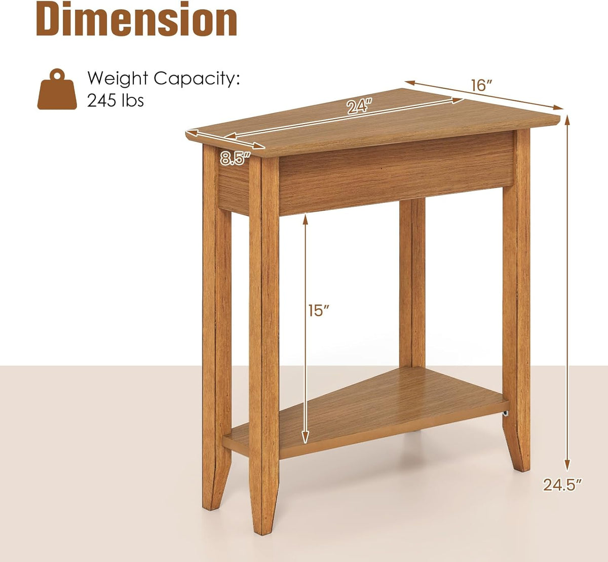 Giantex Wedge End Table, Triangle Side Table with Storage Shelf and Solid Wood Legs, 24.5" Tall Nightstand, Modern Narrow Accent Recliner Table for Small Space Living Room, Walnut