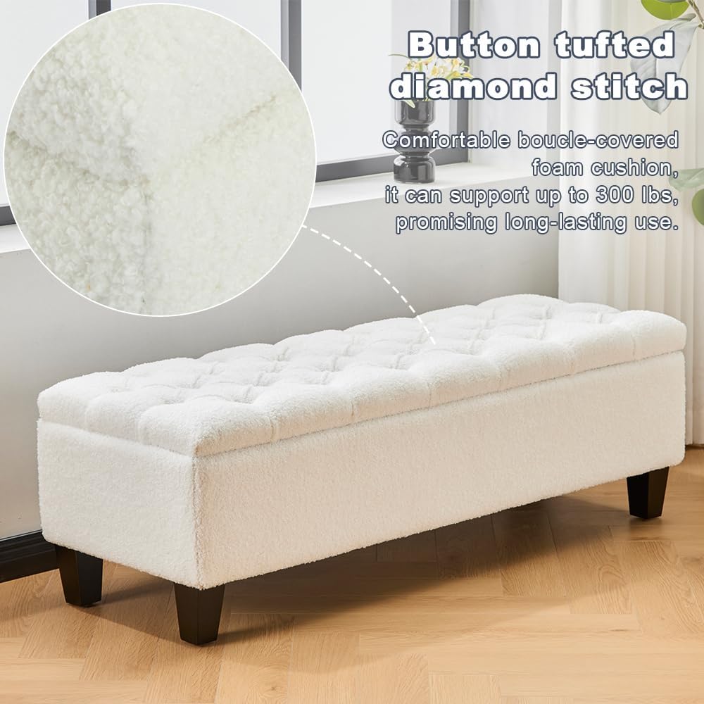 Ottoman Bench with Storage - Beige Storage Bench End of Bed with Safety Hinges, Tufted Ottoman for Living, Dining Room, Entryway and Hallway