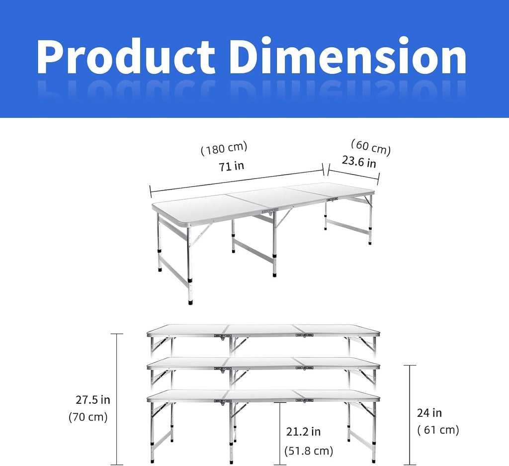 Moosinily Camping Table 6FT Folding Table Large 3 Adjustable Height Portable Picnic Table Camp Aluminum Outdoor Picnic BBQ White