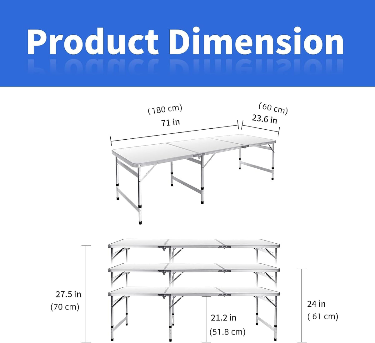 Moosinily Camping Table 6FT Folding Table Large 3 Adjustable Height Portable Picnic Table Camp Aluminum Outdoor Picnic BBQ White