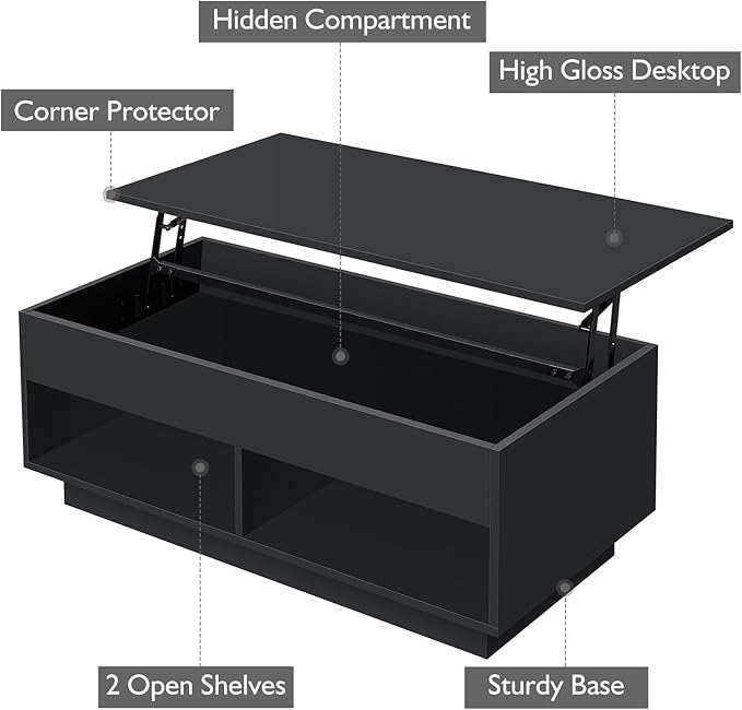 LED Coffee Table Black Lift Top Coffee Table with Storage Modern Tea Table with Hidden Compartment Lift Up Dining Center Table with LED Light for Living Room Home Office