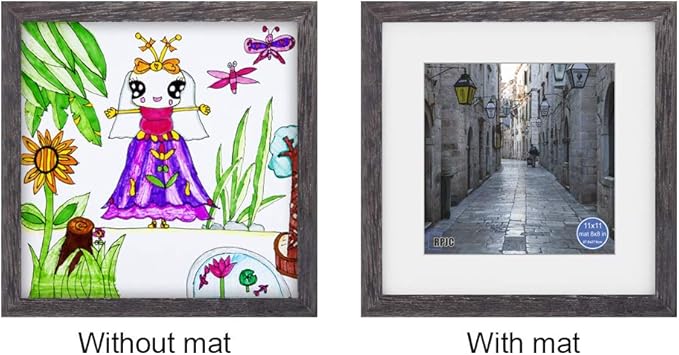 RPJC 11x11 inch Picture Frame Made of Solid Wood and High Definition Glass Display Pictures 8x8 with Mat or 11x11 Without Mat for Wall Mounting Photo Frame Driftwood Finish
