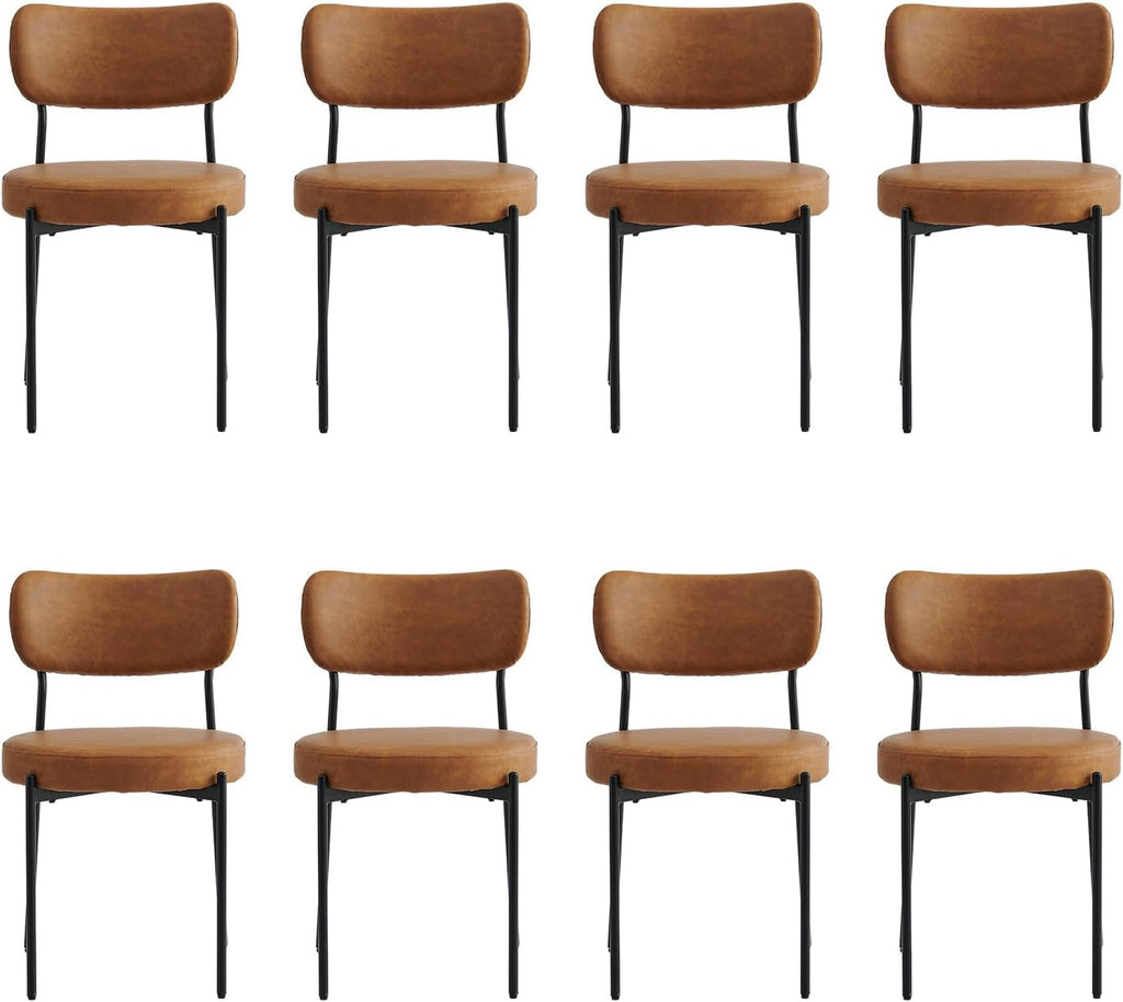 Brown Dining Chairs Set of 8 with Curved Back, Leather Dining Chairs with PU Soft Cushion Seat & Metal Legs, Comfortable Modern Chair for Kitchen, Living Room