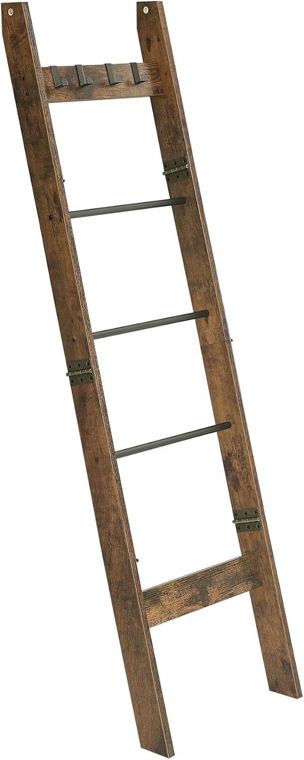 Hzuaneri Blanket Ladder for Living Room, Decorative Quilt Rack with 4 Removable Hooks, 5-Tier Farmhouse Ladder Holder Shelf Organizer for Bedroom, Rustic Brown and Black 02101BBR