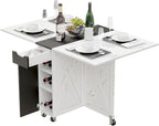 Folding Dining Table with Drawer,3-Tier Wine Cooler Storage and 2-Layer Metal Storage Rack-Extendable Drop Leaf Farmhouse Wood Kitchen Dining Room Tables Set for 4 (White and Black)