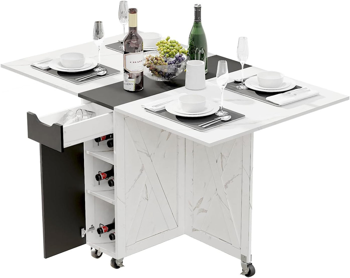 Folding Dining Table with Drawer,3-Tier Wine Cooler Storage and 2-Layer Metal Storage Rack-Extendable Drop Leaf Farmhouse Wood Kitchen Dining Room Tables Set for 4 (White and Black)