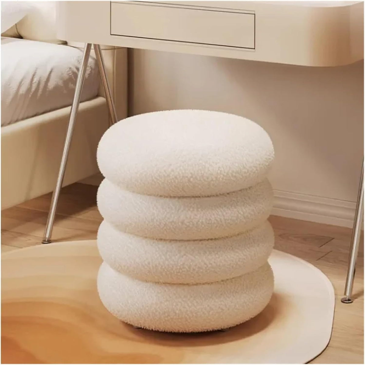 Soft Lamb Wool Ottoman Cream Vanity Stool for Girls' Makeup Bedroom Chair with Minimalist Design Round Pouf Ottoman,35x40cm Pink-One Size