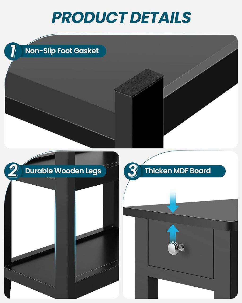 Homdox Narrow Side Table, 3 Tier Sofa End Table with Drawer and Shelf for Living Room, Wooden Nightstand with Storage for Small Spaces, Black