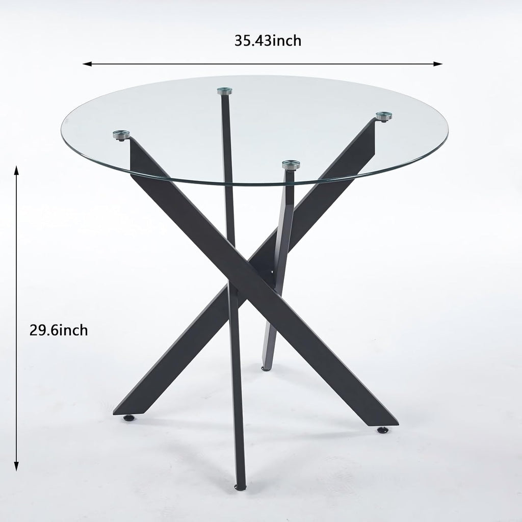 35.4" Round Glass Dining Table with Cross Metal Legs, Modern Small Kitchen Table for 2-4 People, Clear Tempered Glass Top Circle Dining Table for Living Room, Apartment, Black