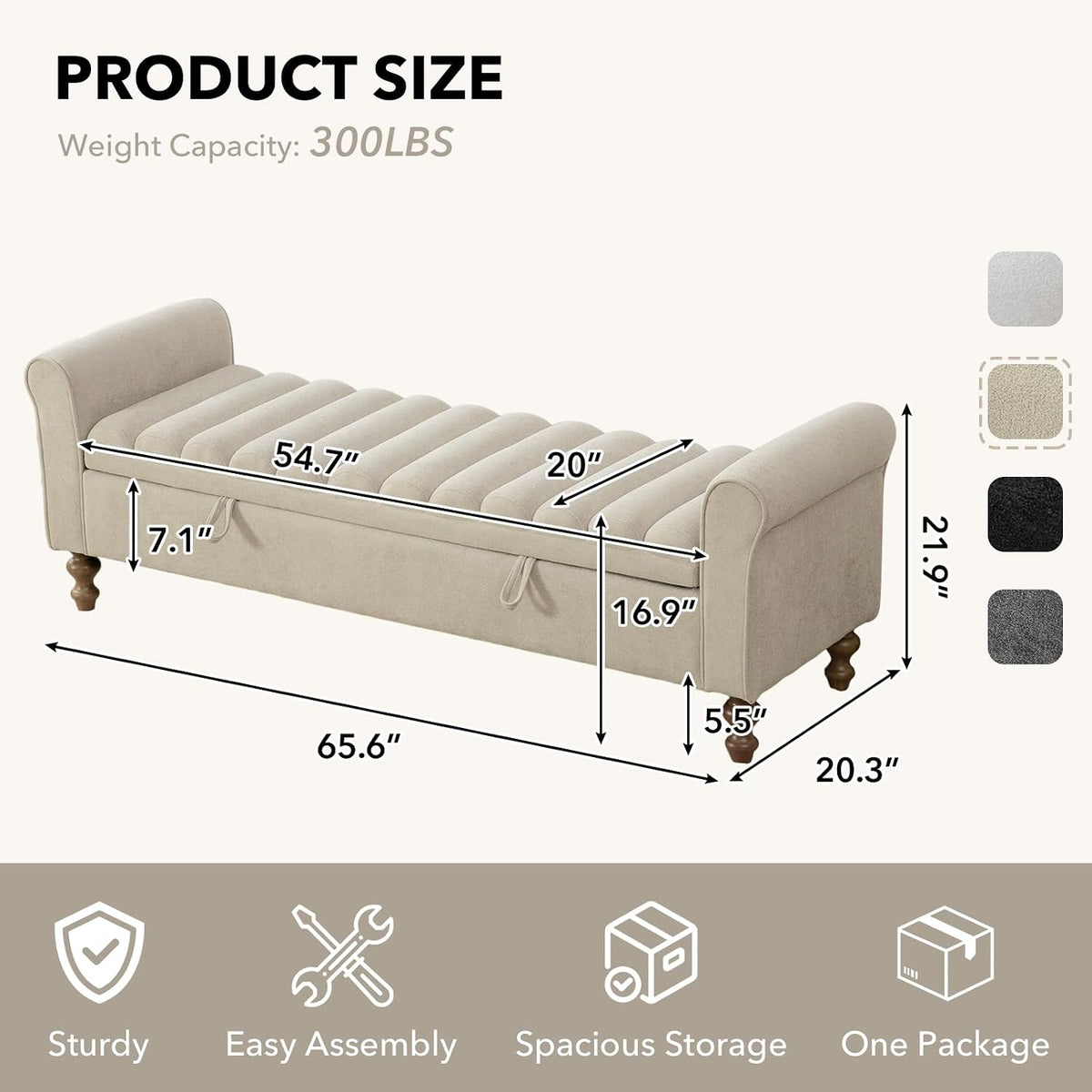 65" Oversize Storage Ottoman Bench, Fleece Upholstered End of Bed Benches with Rolled Armrest, Modern King Size Benches with Rolled Armrest, Window Bench (Griege+Single-Cover)